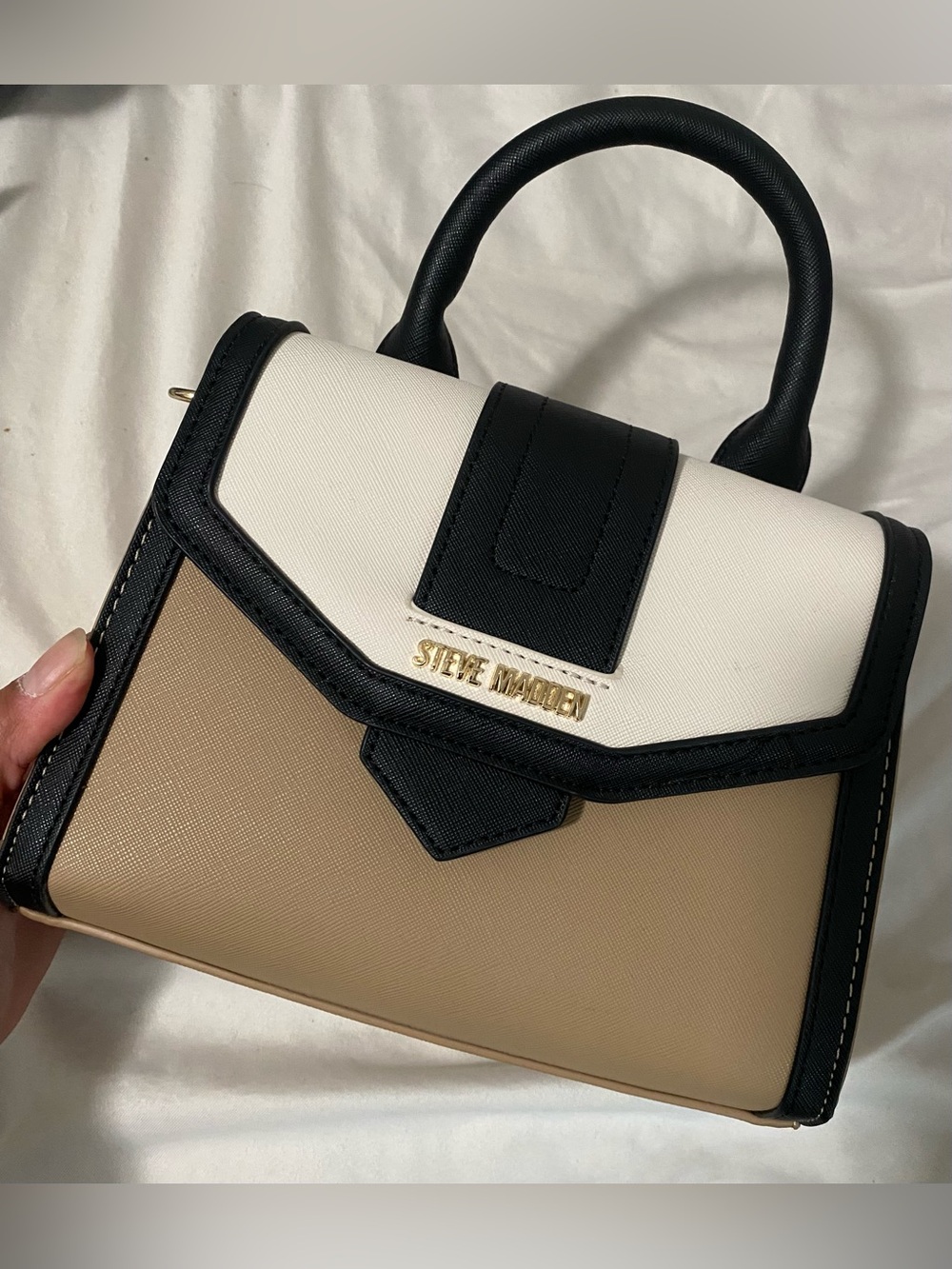 Steve Madden Tri-Block Top Handle Satchel in Black, White, Beige